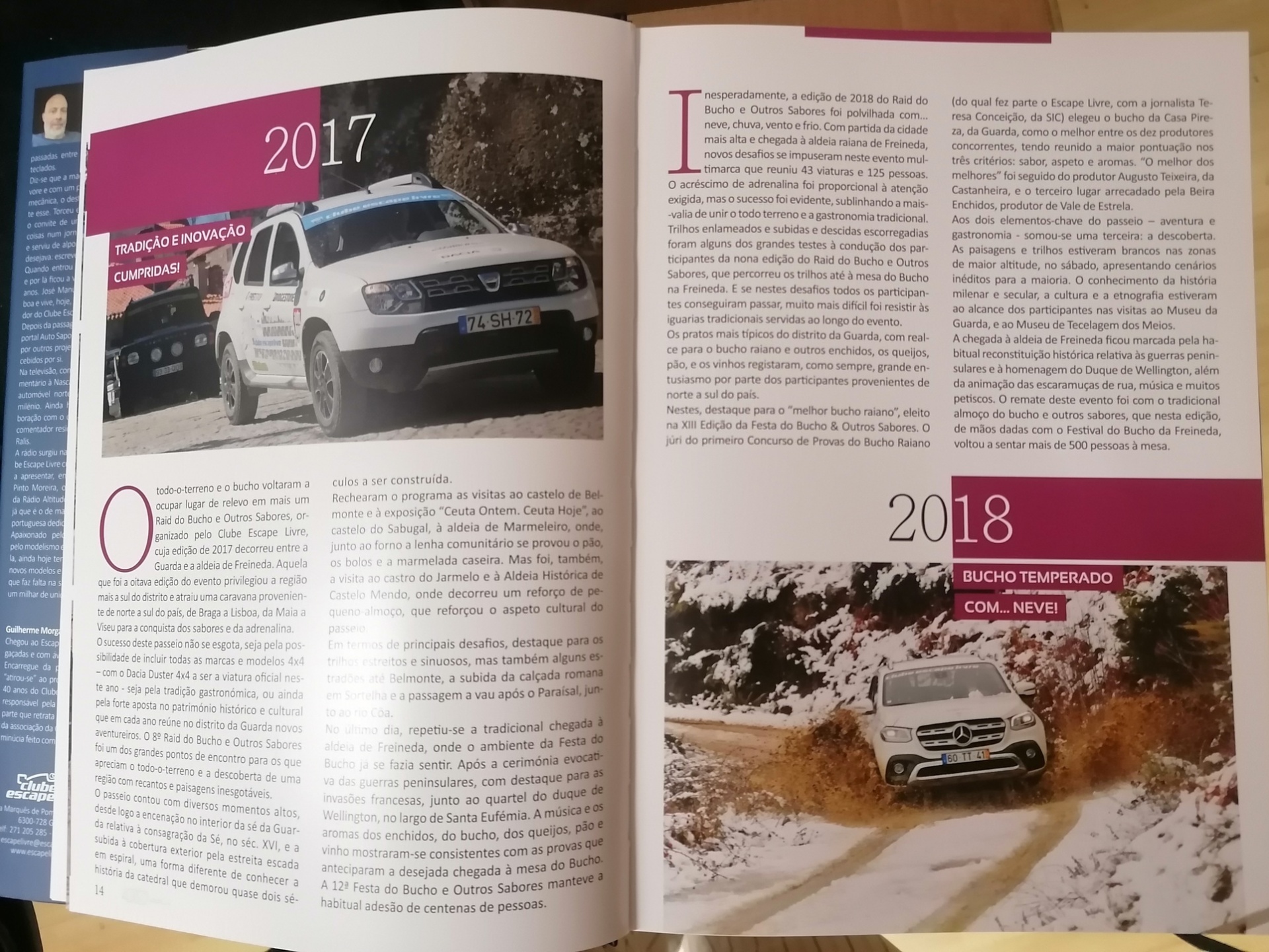 Clube Escape Livre - 40 anos de História e Aventura Duas páginas de revista com carros todo-o-terreno e texto sobre eventos de 2017 e 2018