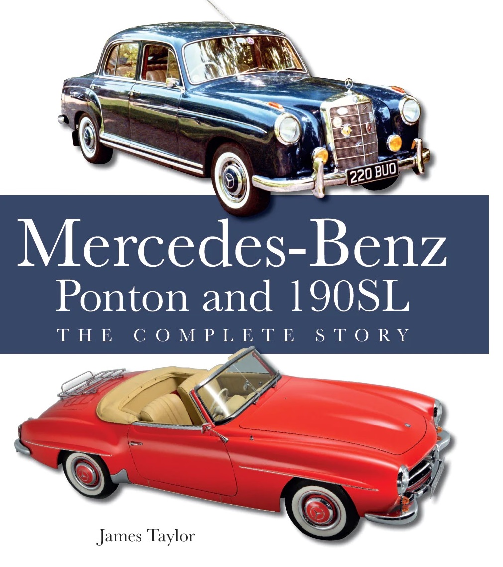 Mercedes Benz Ponton & 190SL - The complete Story Capa de livro Mercedes-Benz com dois carros clássicos, um azul e um vermelho descapotável