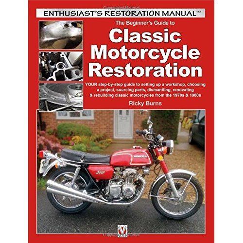 Guide to Classic Motorcycle Restoration Capa de livro com título sobre restauração clássica de motocicletas e foto de moto clássica vermelha.
