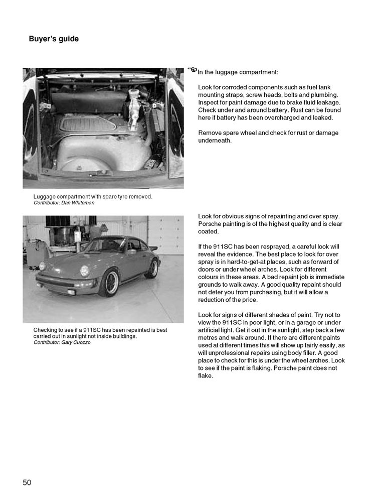 Porsche 911SC Super Carrera - Essential companion Fotografias em preto e branco de Porsche 911SC e compartimento da bagageira com texto explicativo.