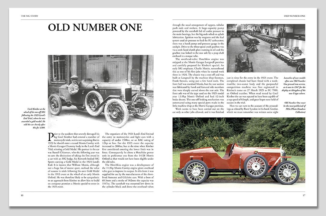 MG Story 1923-1980 Página de revista com artigo sobre carros antigos, incluindo fotos de um carro preto-e-branco e um carro vermelho.