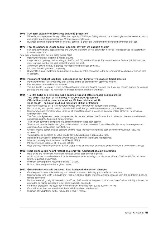 Formula 1 - The Knowledge 2nd Edition Página de texto técnico sobre regras e especificações de carros de Fórmula 1 entre 1978 e 1982