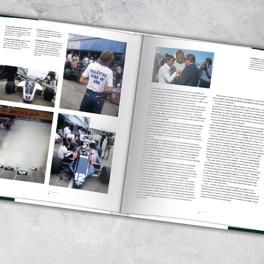 Fórmula 1 - As Controvérsias: Momentos Dramáticos Que Marcaram a F1 Livro aberto mostrando texto e fotografias relacionadas com corrida automóvel e pessoa com t-shirt branca com texto azul