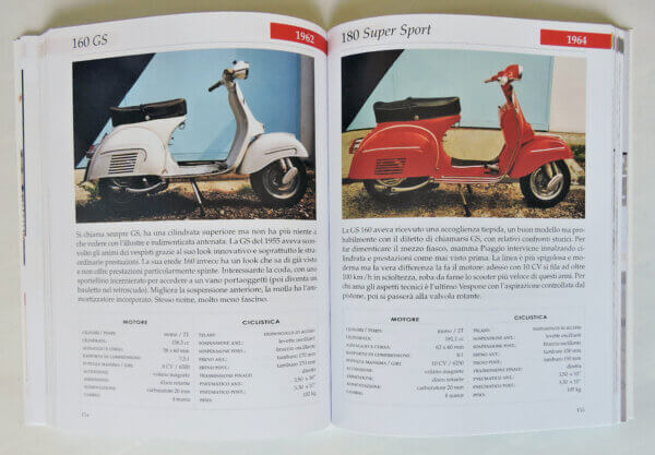 Tutto Vespa: I modelli più belli di sempre Duas scooters clássicas em página dupla de livro, uma branca de 1962 e outra vermelha de 1964, com texto e tabelas em português.