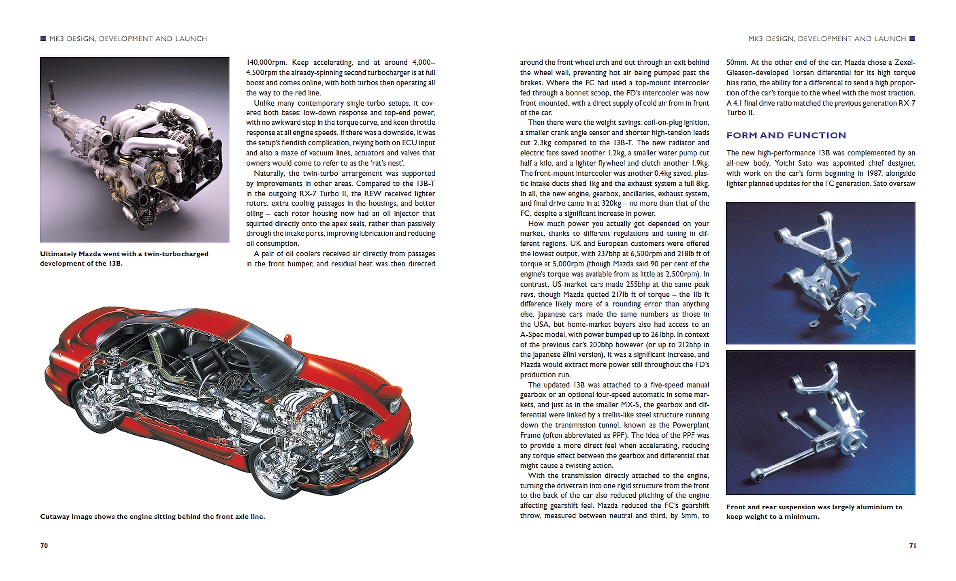 Mazda RX-7: The Complete Story Motor automóvel, corte de carro vermelho e peças de suspensão em duas páginas de livro com texto técnico em inglês