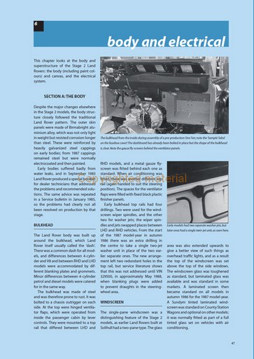 Land Rover 110 & 90 Specification Guide 1983-90 Página de livro técnico sobre partes do corpo e sistema elétrico do Land Rover