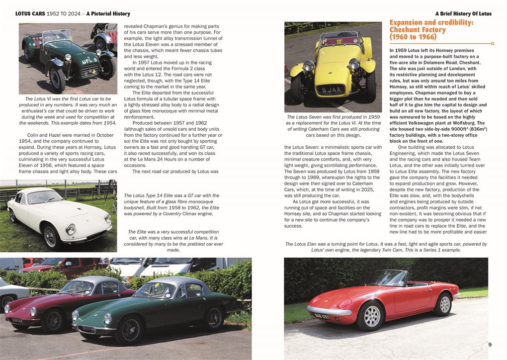 Lotus Cars 1952 to 2024: A pictorial History Quatro carros clássicos Lotus Cars em várias cores com texto explicativo ao fundo