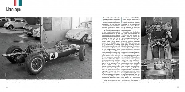 Grand Prix 1961-1965 - The 1.5 litre days in F1 Chassis de carro de corrida número 4 em garagem com carro clássico Volkswagen ao fundo