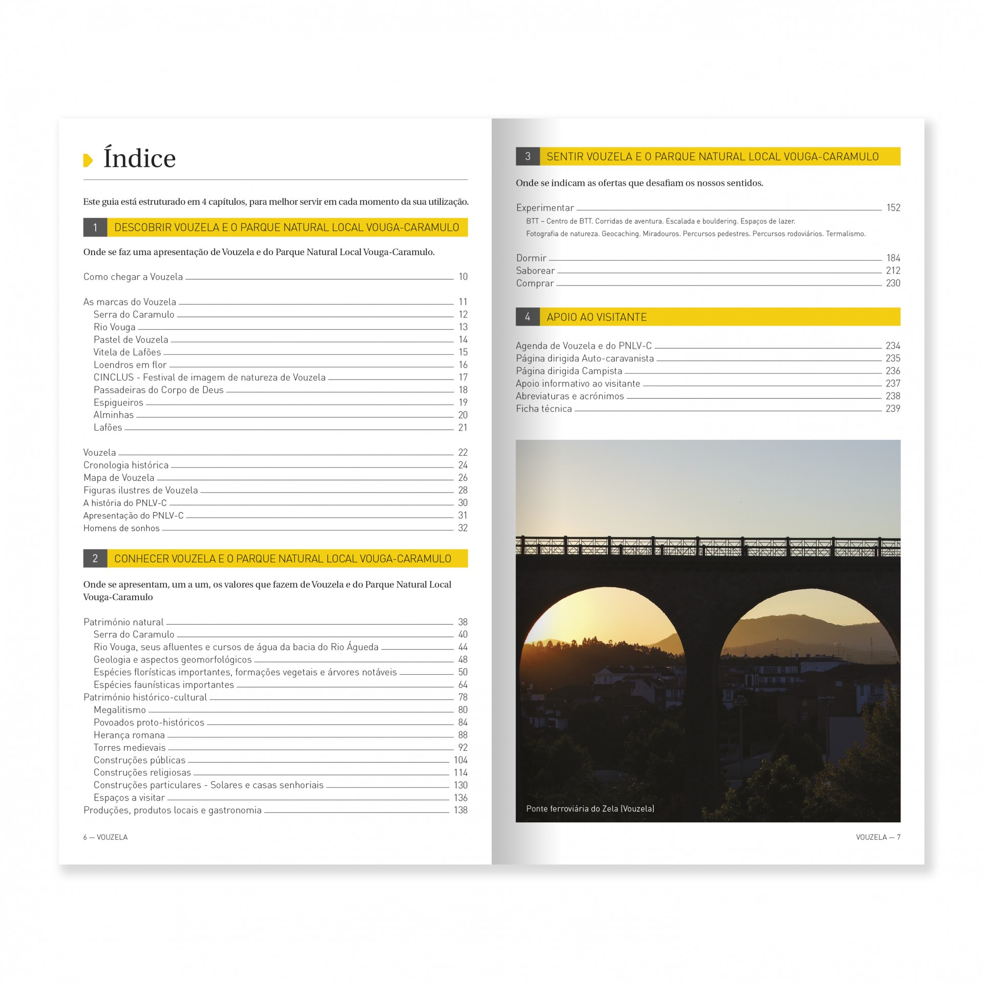 Vouzela: Parque Natural Local Vouga-Caramulo Índice de documento com vários tópicos em português e fotografia de pôr do sol sob ponte