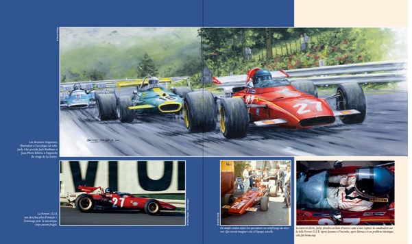 Francorchamps formule Ickx Carro de corrida vermelho número 27 Ferrari em pista e box com pilotos e mecânica