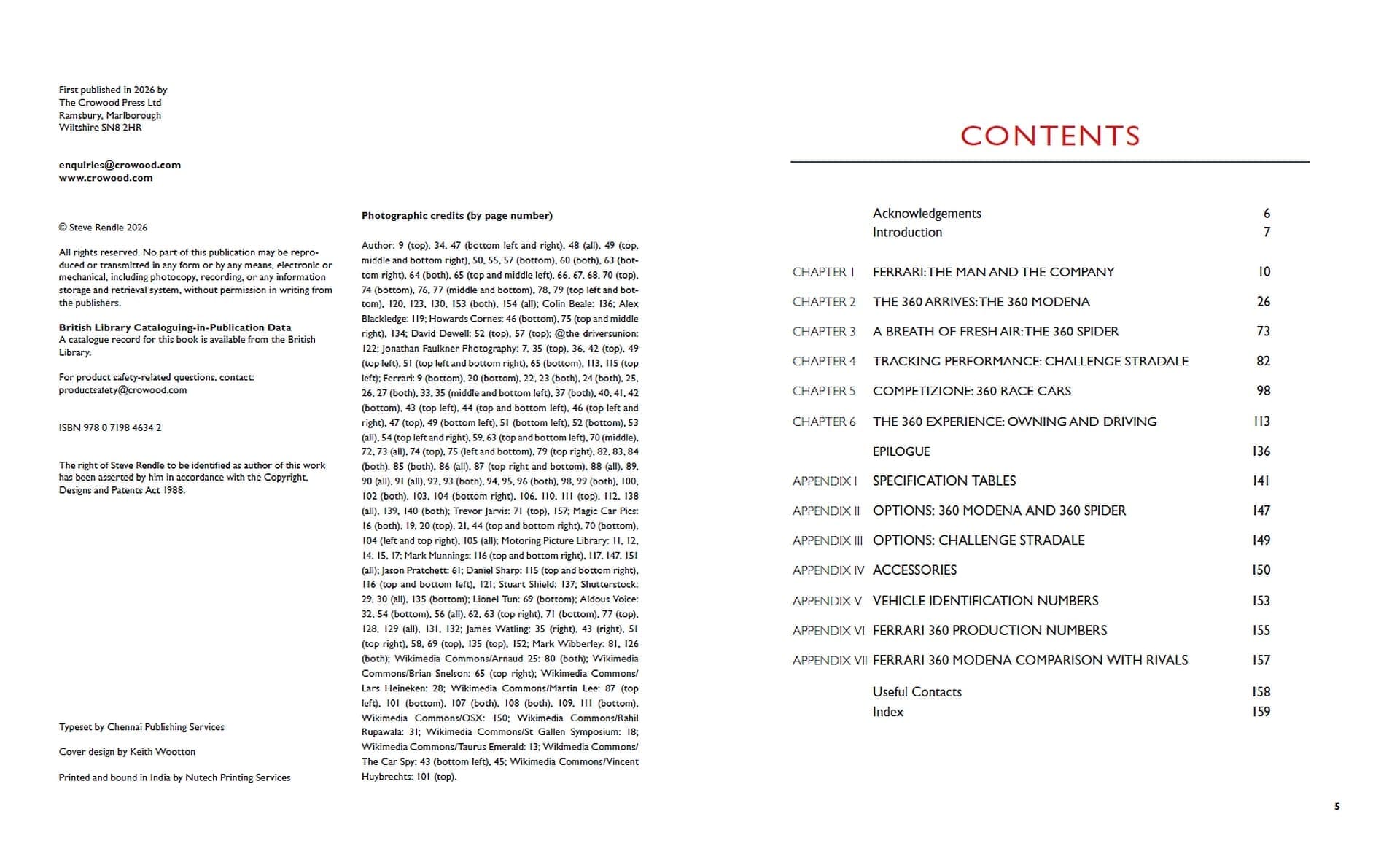 Ferrari 360: The complete story Páginas interiores de livro com texto sobre créditos, direitos e índice de conteúdos.