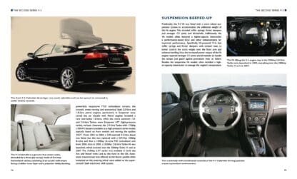 Saab 9-3: The complete Story Carro desportivo preto com interior bege, painel e suspensão visível