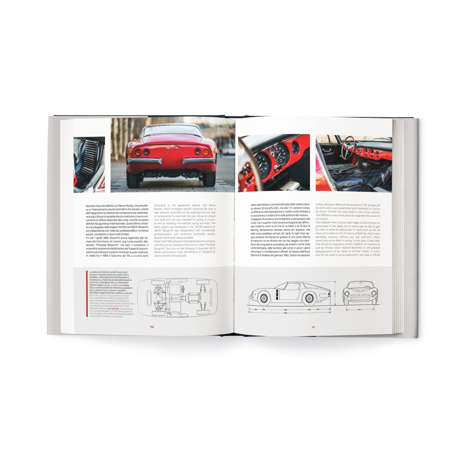 BizzarriniI: The last romantic constructor Livro aberto com fotografias e texto sobre carro desportivo vermelho