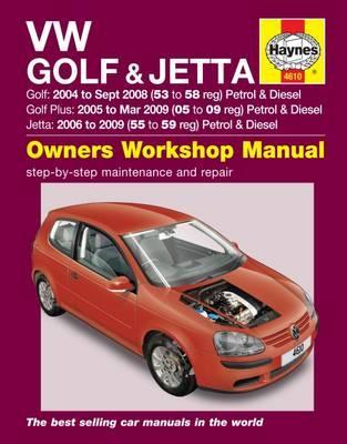 Volkswagen Golf & Jetta Petrol/Diesel 2004-09 Manual de oficina para VW Golf e Jetta com capa vinho e carro vermelho