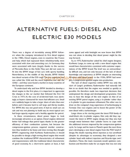 Bmw E30 - The Complete Story Página de livro com texto sobre combustíveis alternativos, diesel e modelos elétricos E30.