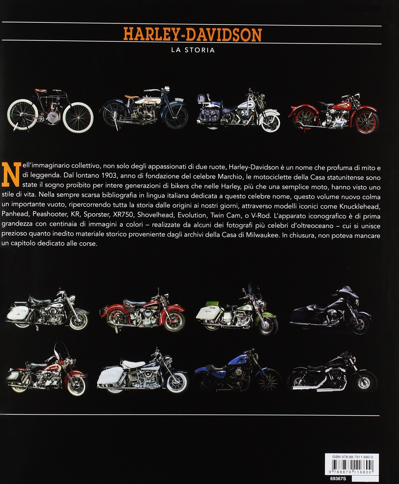 Harley-Davidson: La storia Página de livro mostrando doze motos Harley-Davidson clássicas em várias cores.