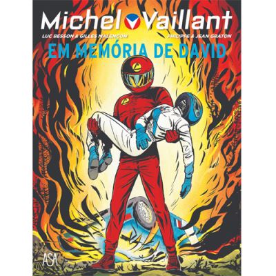 Michel Vaillant Volume 12: Em memória de David Capa de banda desenhada com dois pilotos e fogo