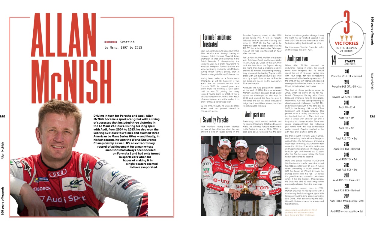 24 Hours Le Mans 1923-2023 - 100 Years of Legends Página de revista com foto de piloto de corrida Allan McNish, texto em inglês e lista de vitórias.