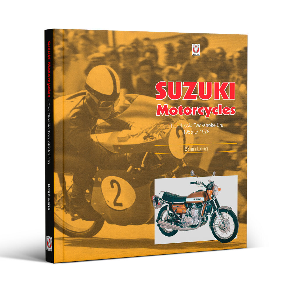 Suzuki Motorcycles - The Classic Two-stroke Era Livro sobre motocicletas Suzuki com capa amarela e imagem de corrida