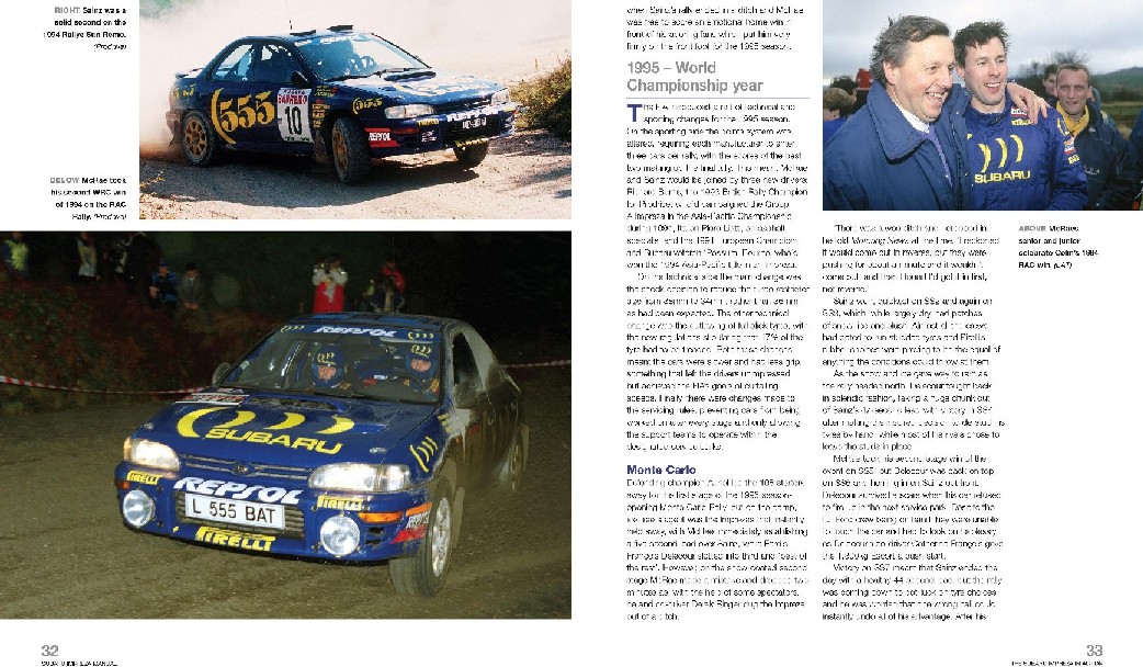 Subaru Impreza Group A Rally (1993-2008) Duas fotos de carros Subaru de rali e uma foto de duas pessoas sorrindo, em página de revista
