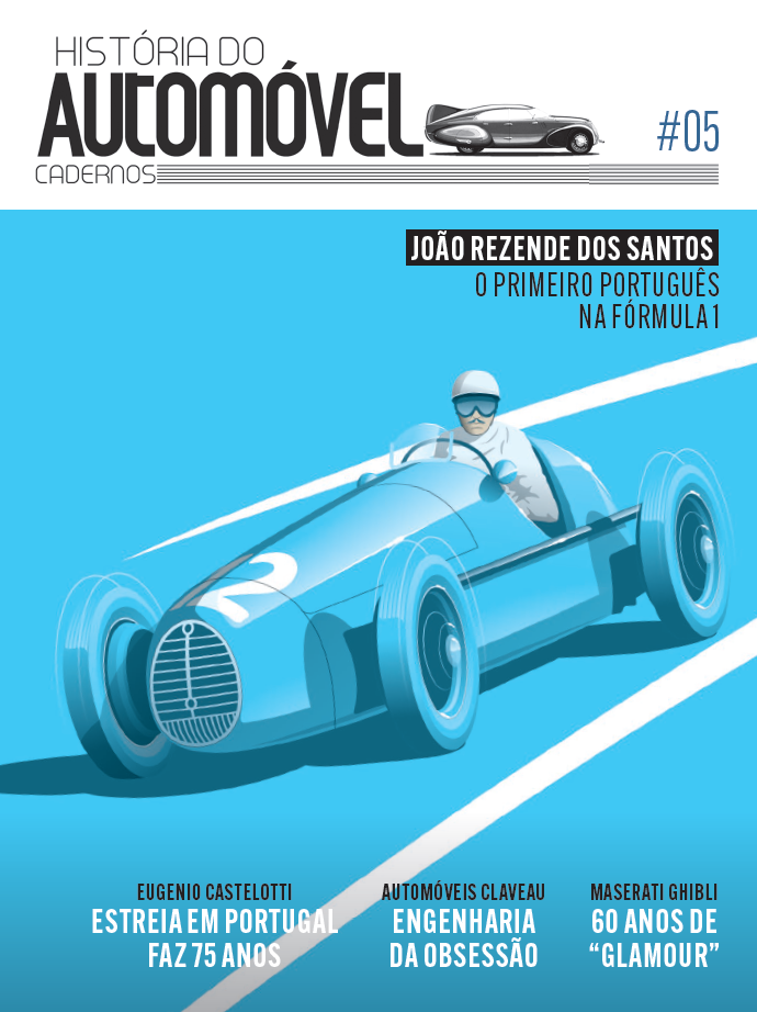 Cadernos de História do Automóvel #05 Revista História do Automóvel com ilustração de carro de corrida azul e piloto