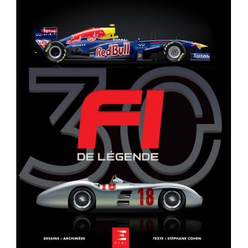 30 Formule 1 de legend Dois carros de Fórmula 1, um moderno da Red Bull e um clássico prata, com texto F1 DE LÉGENDE.
