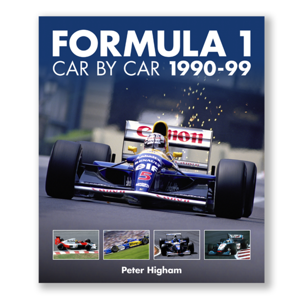 Formula 1: Car by Car 1990-99 Capa de livro sobre Fórmula 1 com imagem de carro de corrida azul e branco e logótipo Canon