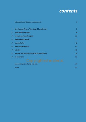 Land Rover 110 & 90 Specification Guide 1983-90 Índice de conteúdo de um livro/manual sobre Land Rovers em fundo azul com texto branco e preto