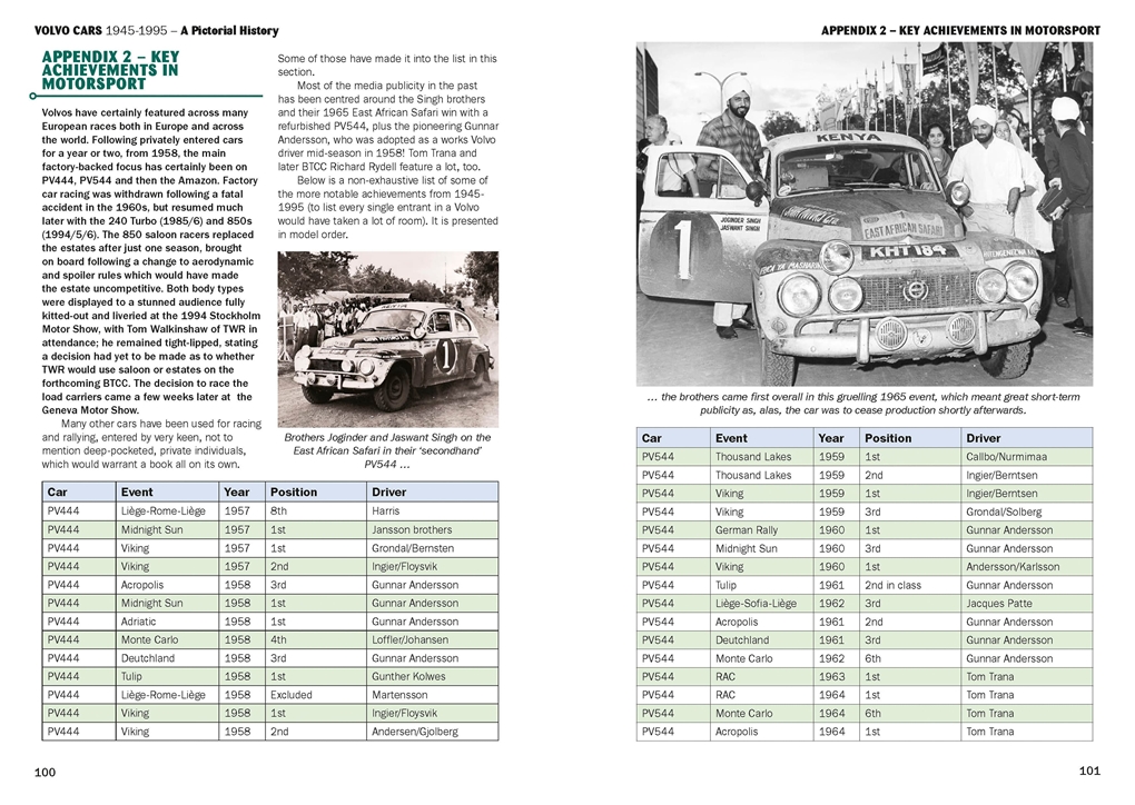 Volvo Cars 1945-1995: A Pictorial History Carro de rally Volvo com número 1 e três homens ao redor em foto histórica a preto e branco.