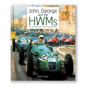 John, George & the HWMS Capa do livro sobre carros de corrida HWM com carros clássicos a correr numa pista