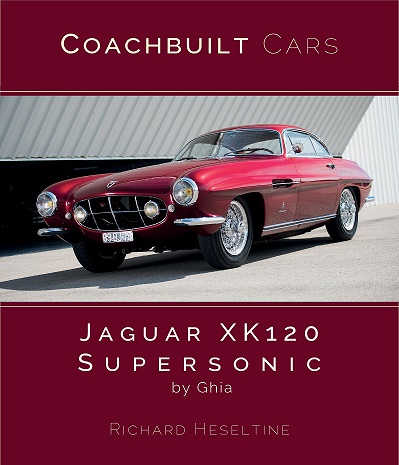 Jaguar XK120 Supersonic Capa de livro com carro clássico vermelho e textos sobre fundo bordô