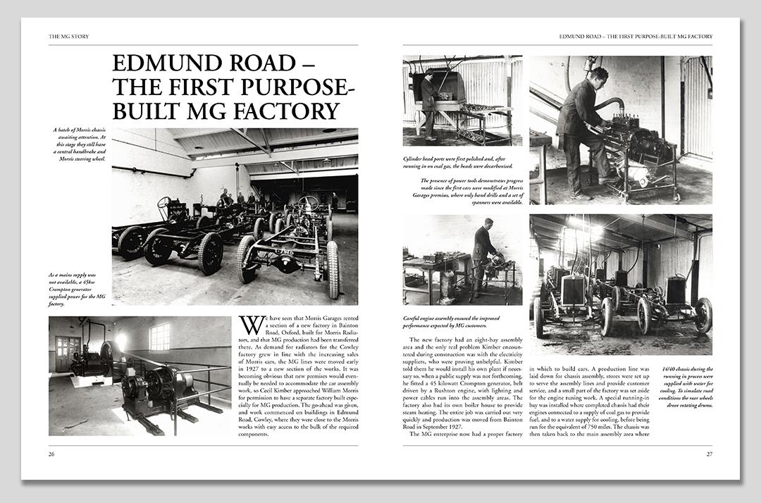 MG Story 1923-1980 Página de revista com fotos em preto e branco de veículos MG antigos na fábrica e texto explicativo em inglês.