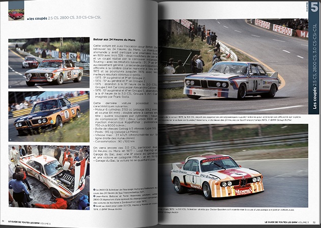 BMW 1500-2002, 2500-2800-3.0S, 3.0 CS (Vol 3) Páginas de livro ou revista com fotos de carros de corrida clássicos e texto em francês