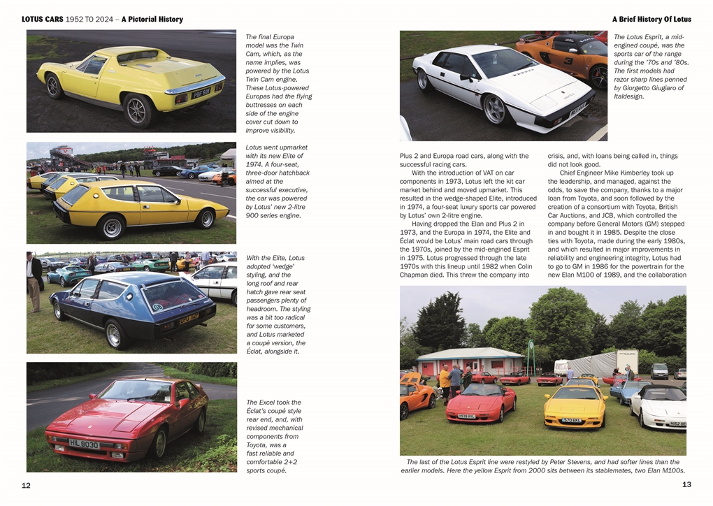 Lotus Cars 1952 to 2024: A pictorial History páginas de revista com fotos de carros Lotus clássicos em várias cores e texto histórico