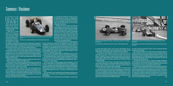 Grand Prix 1961-1965 - The 1.5 litre days in F1 Página de revista azul com texto branco e fotos preto e branco de carros de corrida antigos
