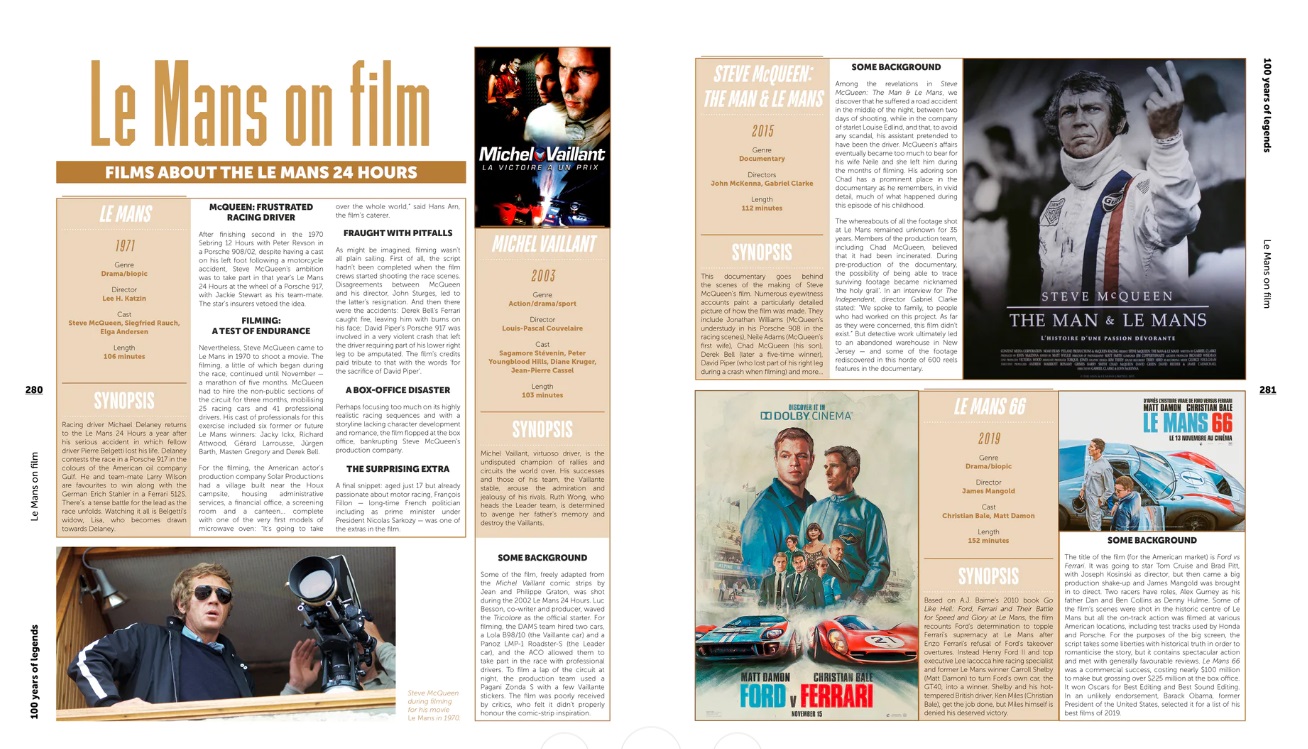 24 Hours Le Mans 1923-2023 - 100 Years of Legends Página dupla de revista sobre filmes de Le Mans com textos e fotos.