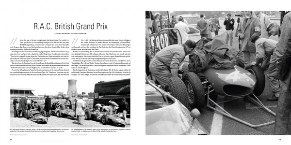Sharknose V6 - Ferrari 156, 246SP & 196SP Página de livro com texto e fotos a preto e branco do Grande Prémio Britânico da R.A.C.