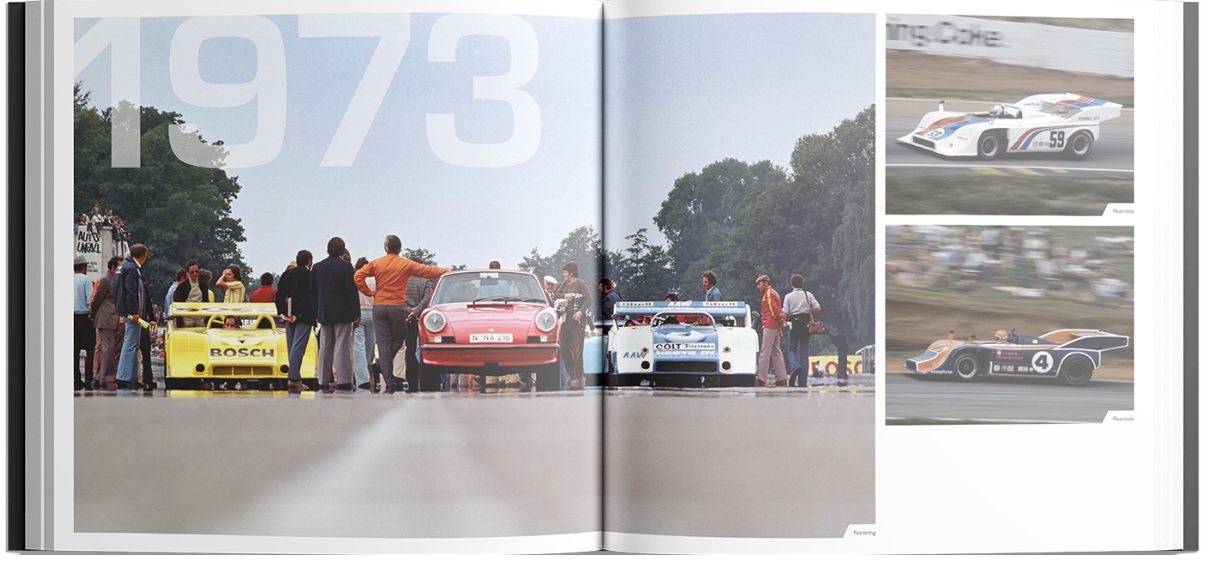 Porsche 917 - The Film - Premium Edition (Book & DVD) Livro aberto mostrando carros de corrida clássicos com texto 1973