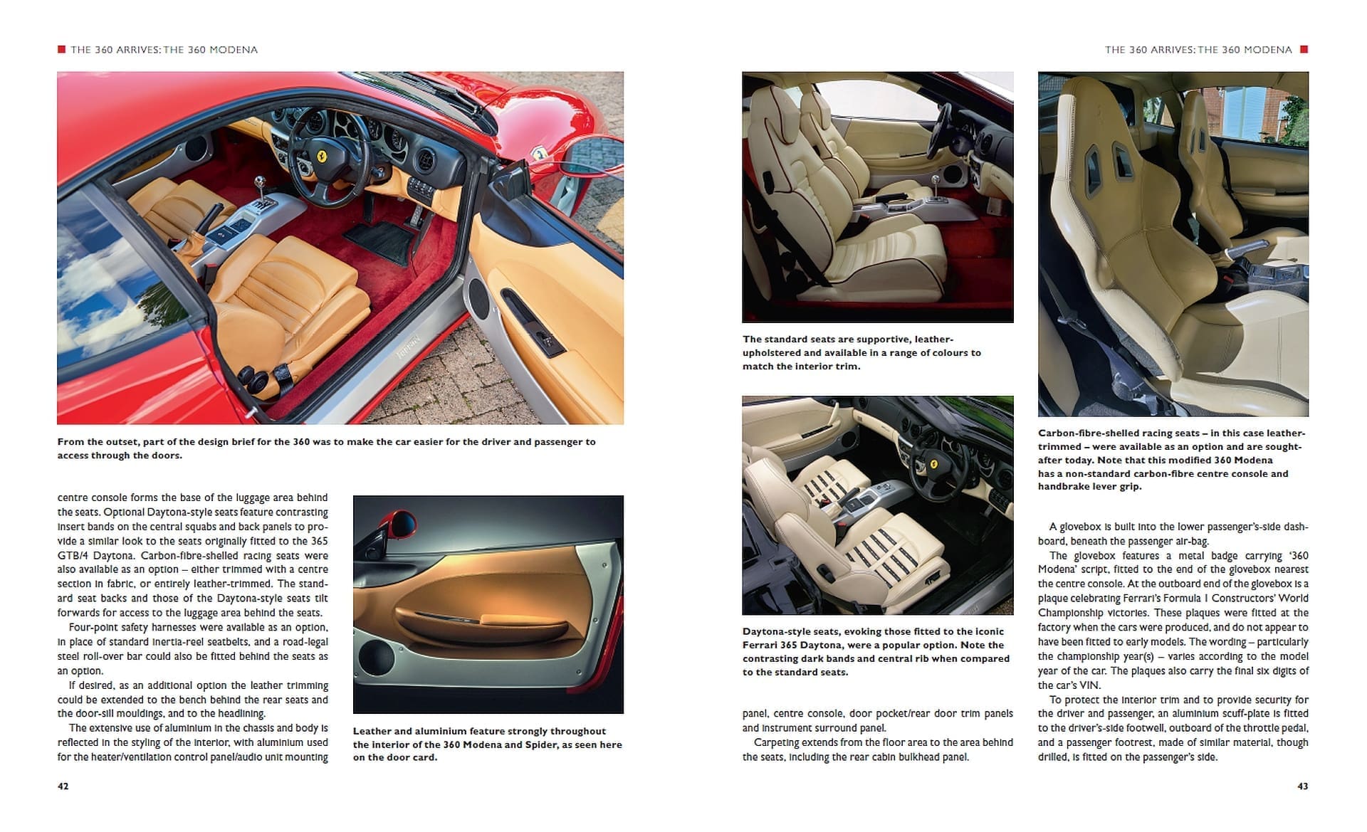 Ferrari 360: The complete story Interior de Ferrari 360 Modena com bancos de couro bege e detalhes vermelhos