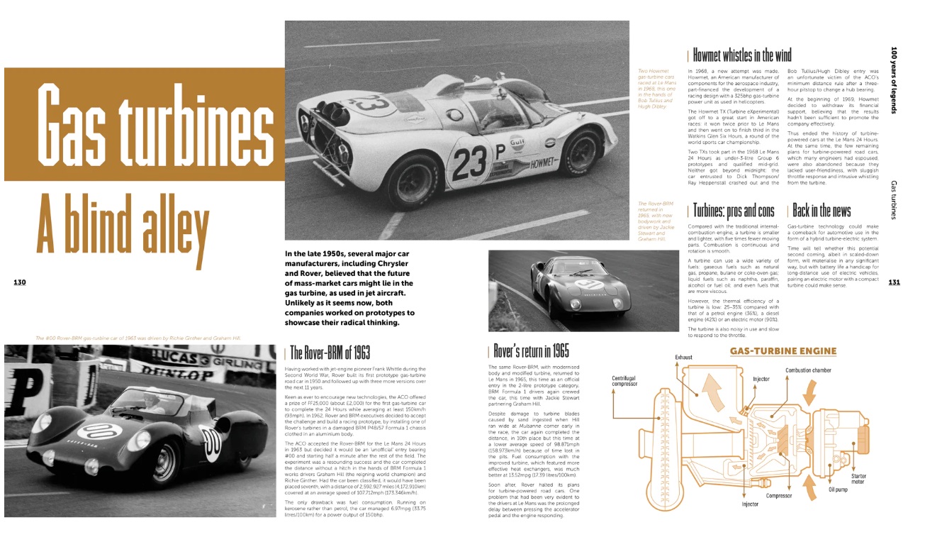 24 Hours Le Mans 1923-2023 - 100 Years of Legends Página de revista sobre carros desportivos com imagens a preto e branco e texto em inglês.