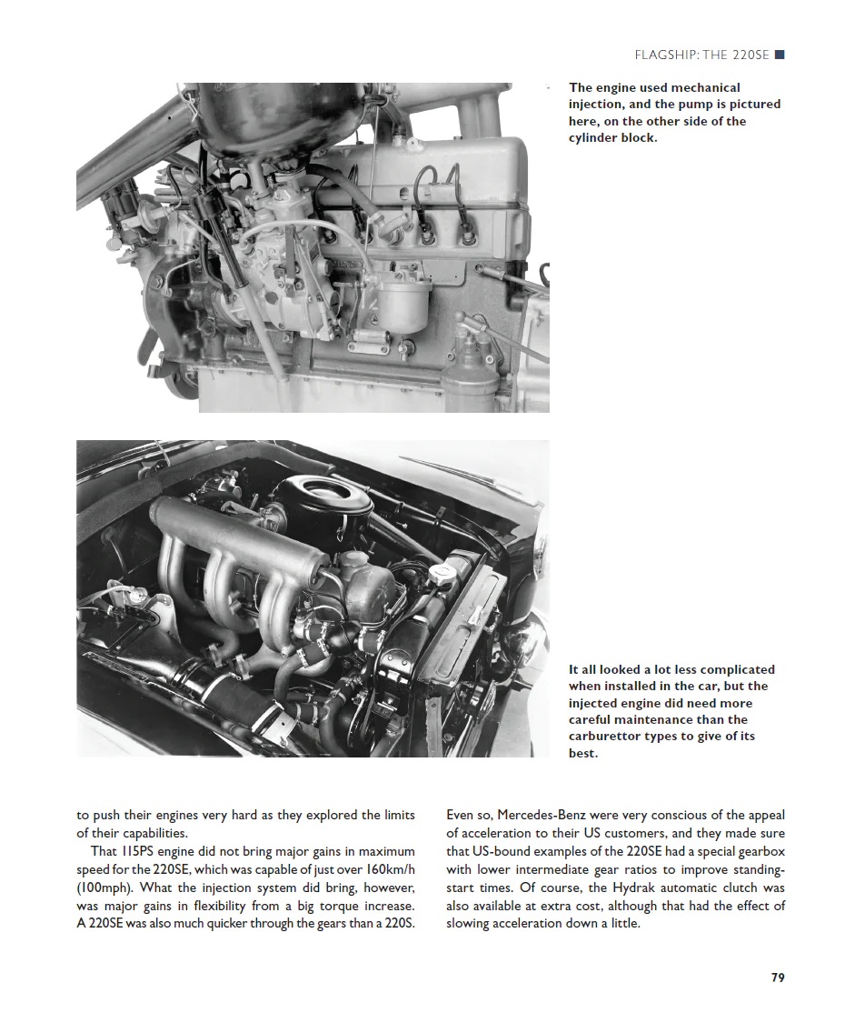 Mercedes Benz Ponton & 190SL - The complete Story Dois motores de automóvel preto e branco, um isolado e outro montado no compartimento do motor com texto explicativo.