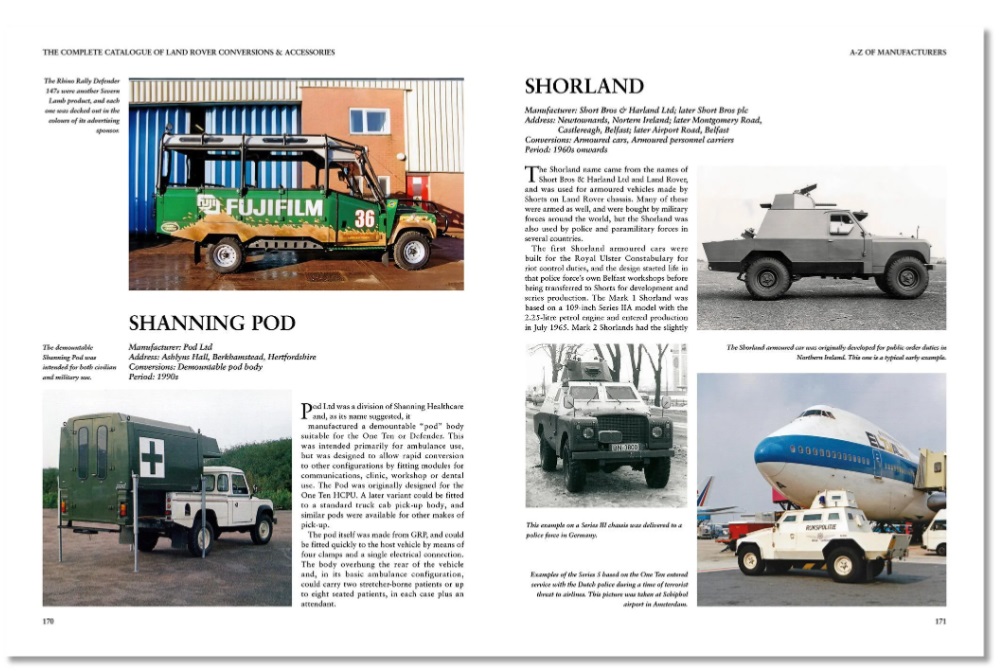 Complete Catalogue Land Rover Conversions & Accessories Página do catálogo de veículos Land Rover com imagens e texto