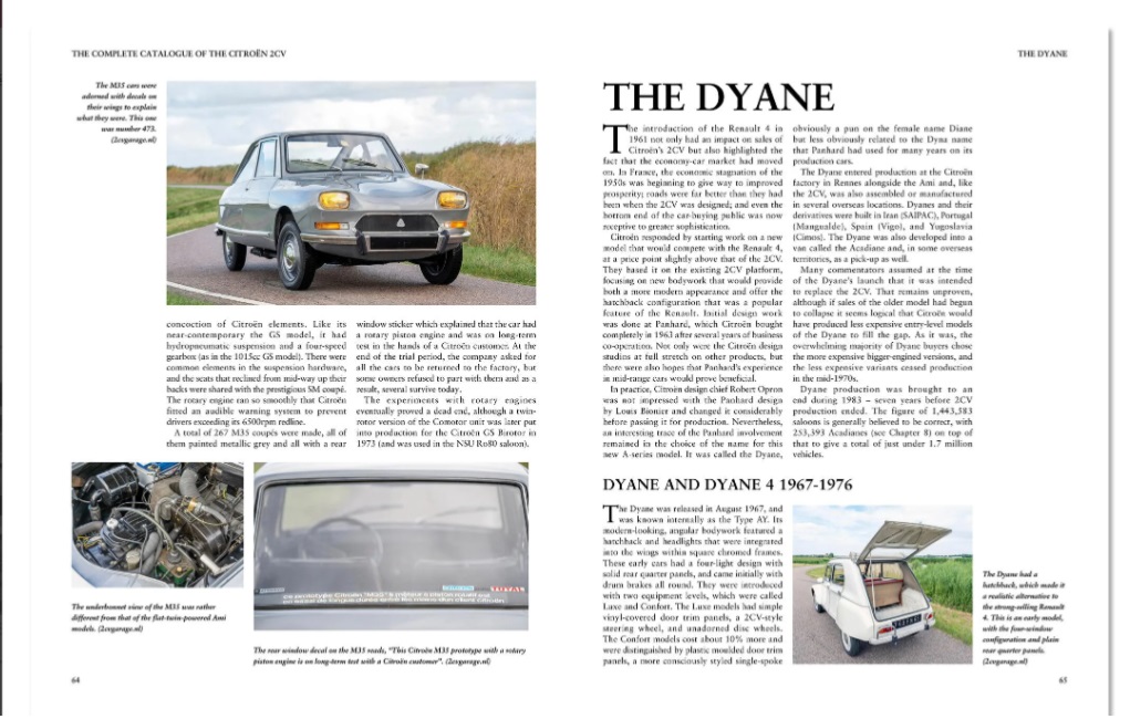 Complete Catalogue Citroen 2CV, all variants Inc. Ami, Dyane & Mehari Revista com artigo e imagens do carro Citroën Dyane, mostrando frente e traseira com porta da bagageira aberta
