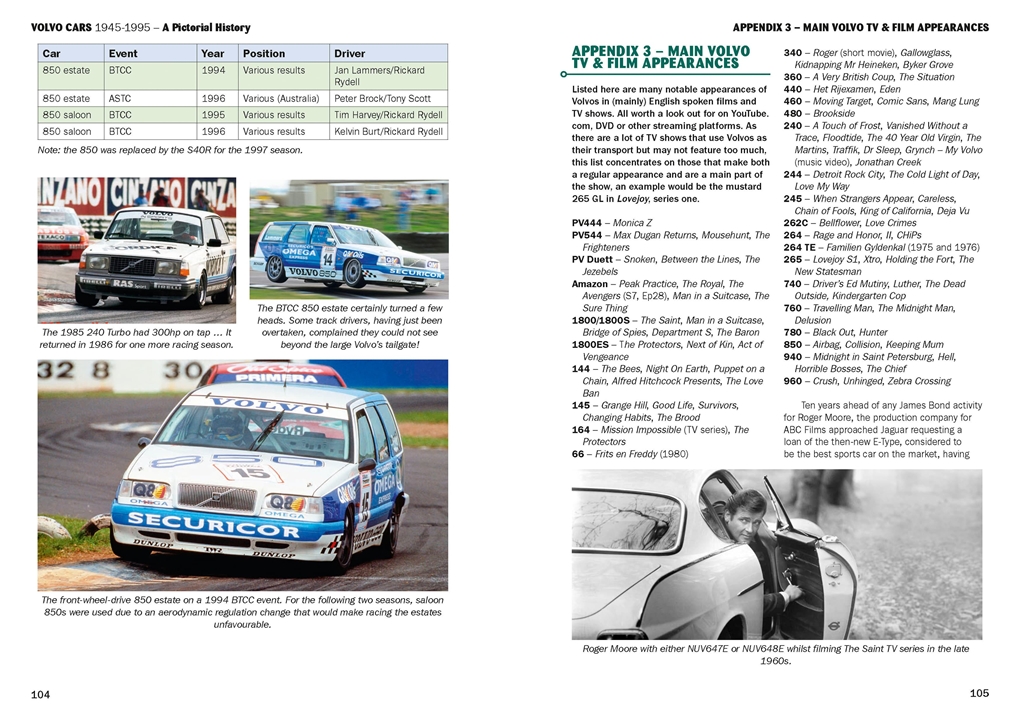 Volvo Cars 1945-1995: A Pictorial History Duas páginas de livro com informações sobre carros Volvo 850, fotos de carros de corrida e texto sobre aparições em filmes e TV.