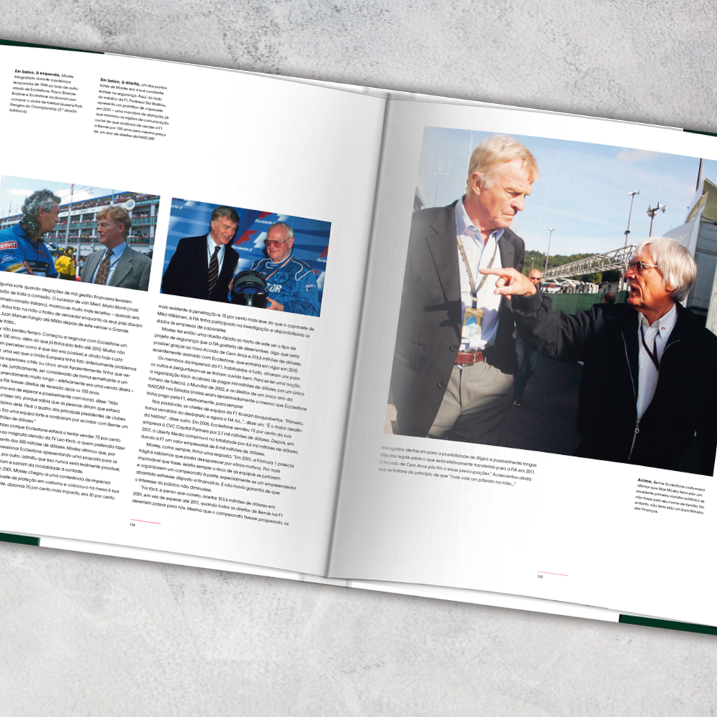 Fórmula 1 - As Controvérsias: Momentos Dramáticos Que Marcaram a F1 Revista aberta mostrando artigo com texto em português e fotografias de homens em eventos ao ar livre.