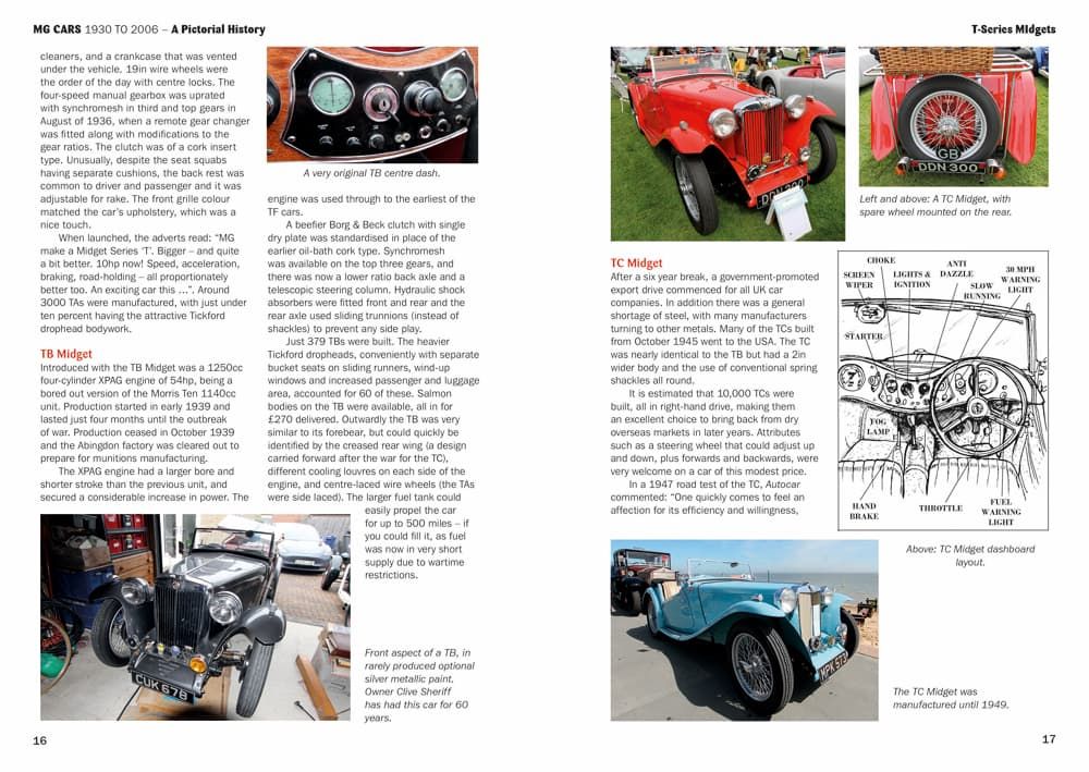 MG Cars 1930 to 2006: A Pictorial History Página de livro com imagens e texto sobre carros clássicos MG