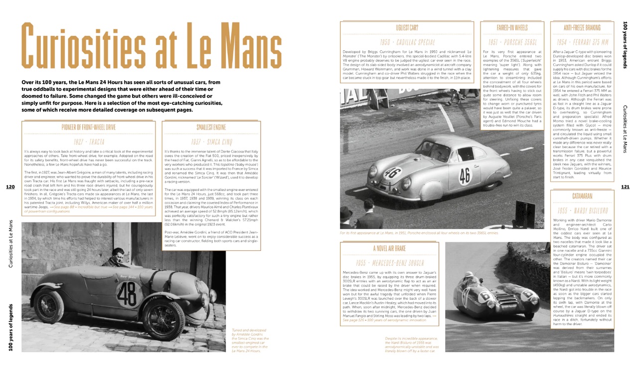 24 Hours Le Mans 1923-2023 - 100 Years of Legends Página de revista com fotos de carros de corrida antigos e texto em inglês
