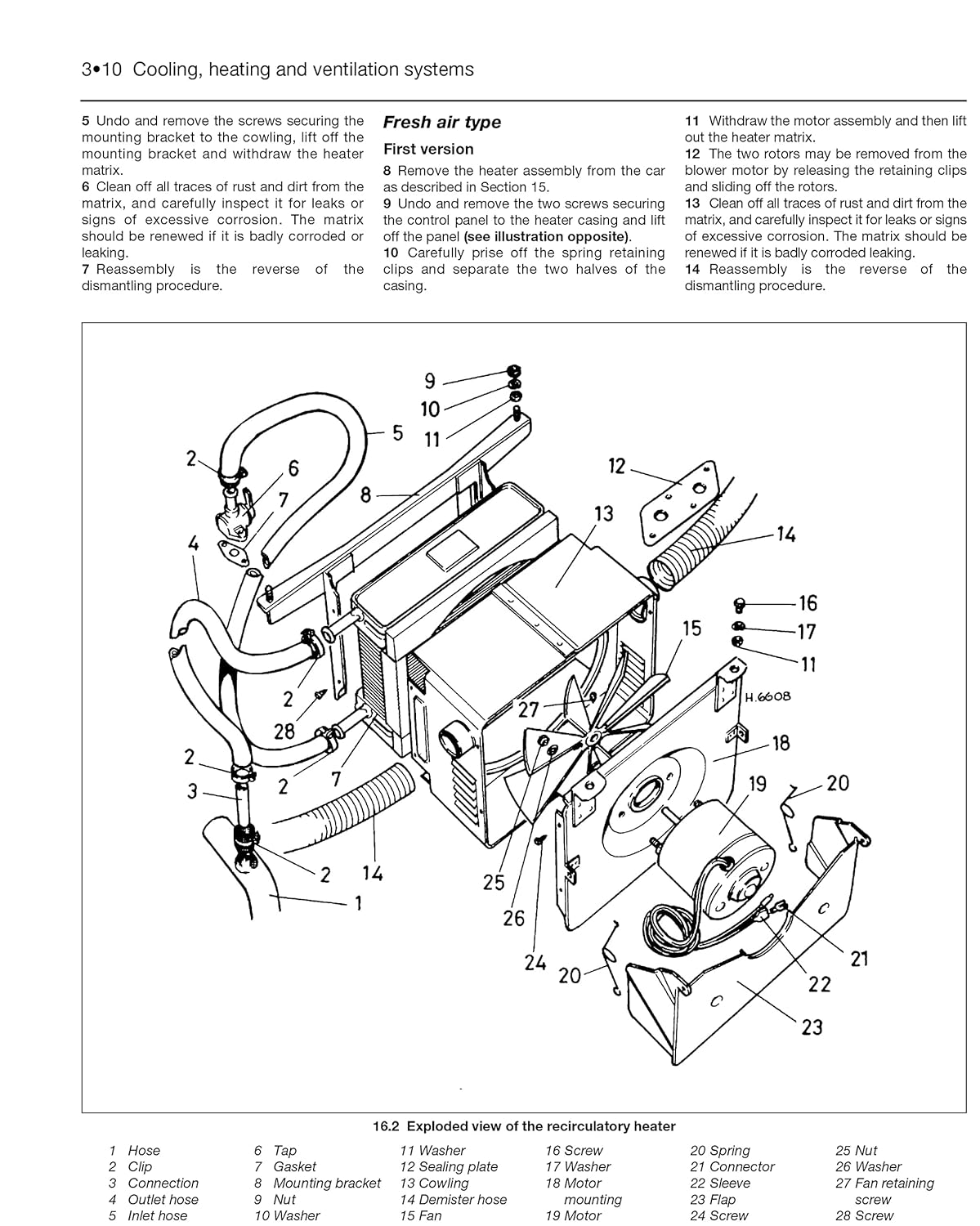 Austin Mini 1969-2001 Ilustração técnica preto e branco de um aquecedor recirculador com peças numeradas