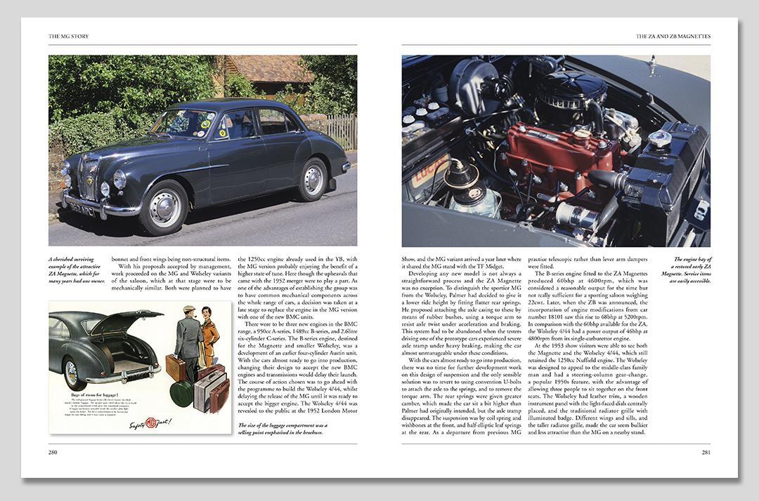 MG Story 1923-1980 Duas páginas de revista com fotos de carro clássico preto, motor e ilustração de ferramentas antigas.