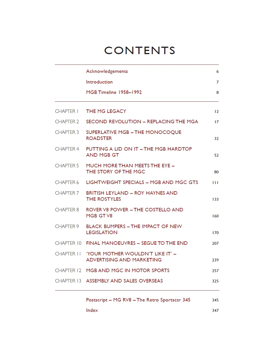 MGB - The superlative MG: Including MGC and MGB V8 Página de sumário de livro listado capítulos sobre história dos carros MG